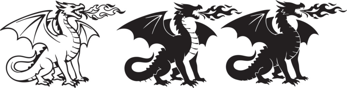 Set of three black and white dragon silhouettes breathing fire