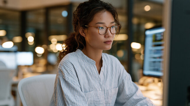 Female data scientist in a modern open-plan office with pixel grid monitor displays reviewing predictive modeling output with analytical concentration conveying advanced analytics