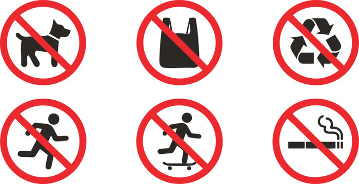 Set of prohibition signs, no dogs, no plastic bags, no recycling, no running, no skateboarding, no smoking
