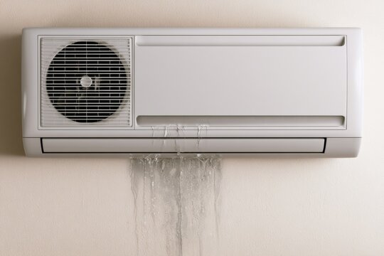 Water leaks from air conditioning unit on wall during summer heat in a residential room in the afternoon hours