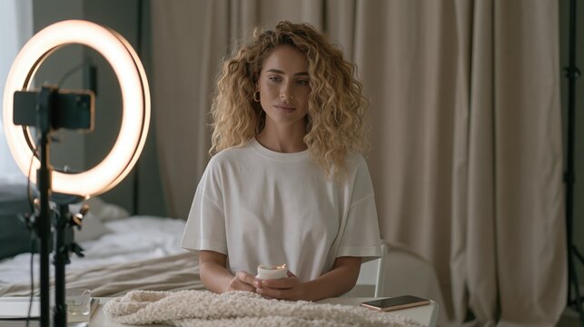 Young Woman Creating Video Content with Ring Light for Social Media Platform