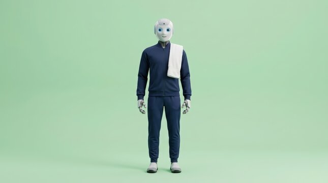 Robot wellness coach in athletic workwear with towel