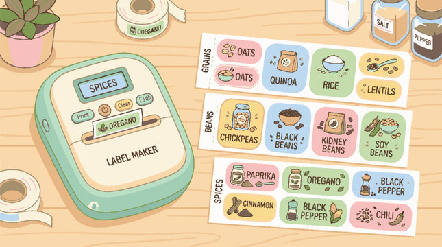 Cute cartoon label maker machine printing kitchen spice and food labels.