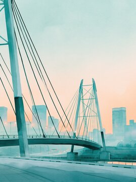 Modern Cable Stayed Bridge with Urban Skyline at Dawn Watercolor Cityscape Illustration