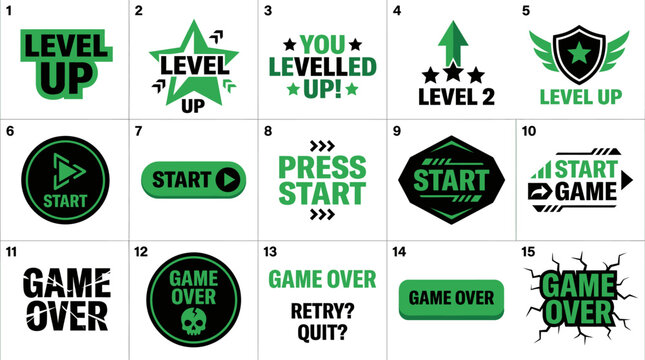 Collection of green and black gaming labels and buttons.