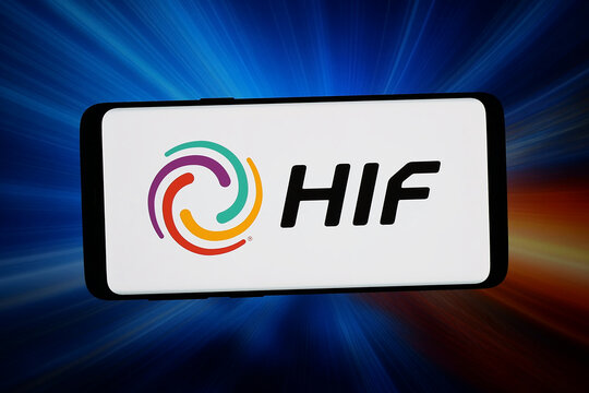 Stuttgart, Germany - 06-02-2026: In this photo illustration, the logo of US synthetic fuel company HIF Global is displayed on a smartphone in front of abstract background on computer screen.