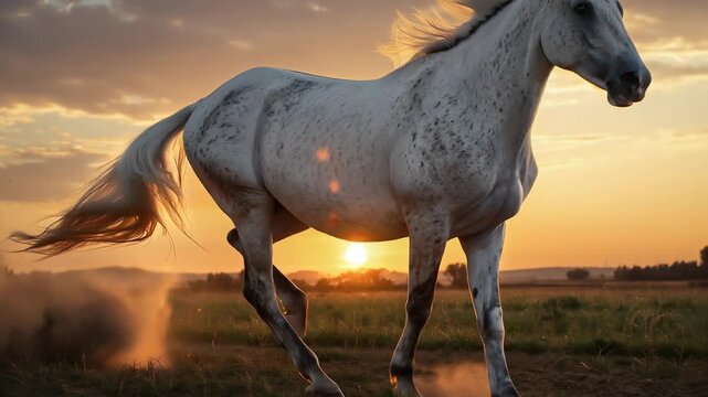 White Horse Running at Sunset