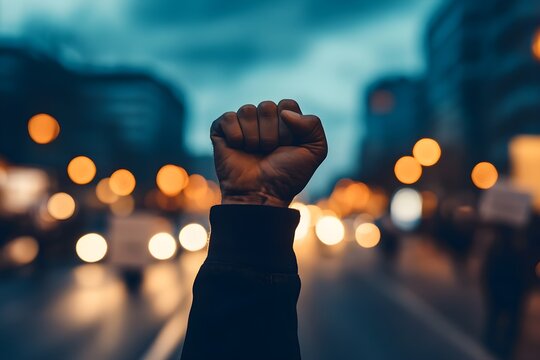 Raised fist in protest against blurred city lights background