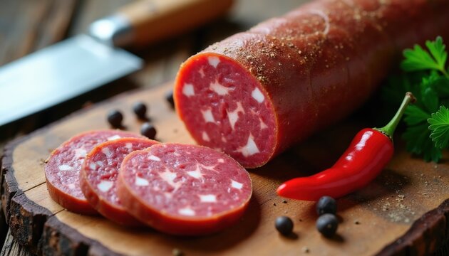 Dry spicy sausage sujuk sliced on wooden board. Red chili pepper black peppercorns and parsley garnish. Meat product seasoned with spices for cooking recipes.