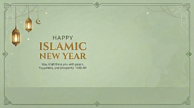 Happy Islamic New Year 1448 AH Sage Green Banner with Hanging Lanterns and Copyspace
