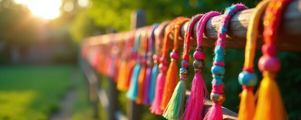 Obraz premium Woven friendship bracelets with colorful tassels hang on wooden fence. Soft sun light gleams on bead details. Handmade bohemian accessories flutter gently.