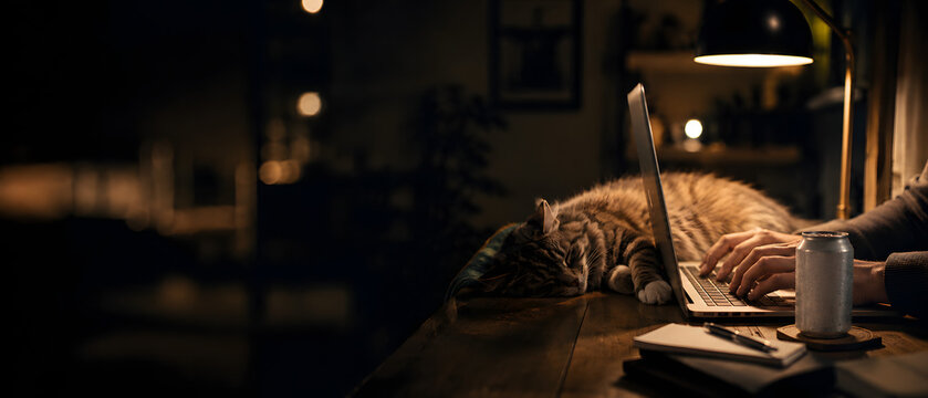 Man working on laptop late at night with cute sleeping cat at cozy home office with copy space