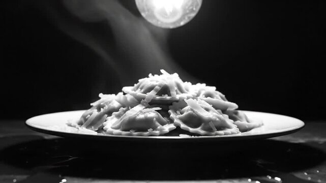 Black and white close up of ravioli on a plate with steam rising as a spotlight shines on the food
