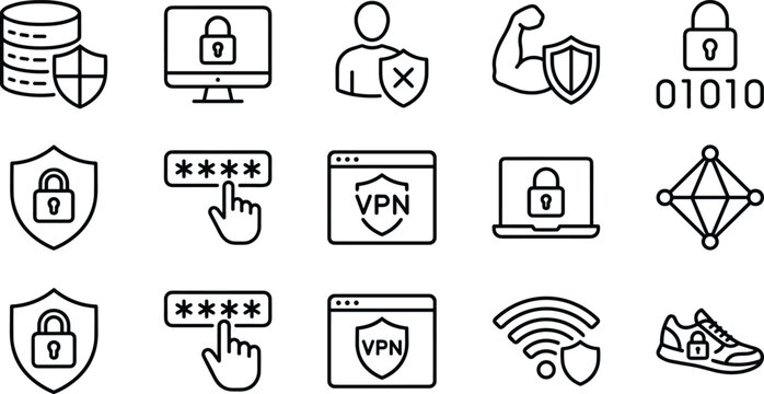Collection of cyber security and data protection line icons including firewall lock vpn and encrypted files.