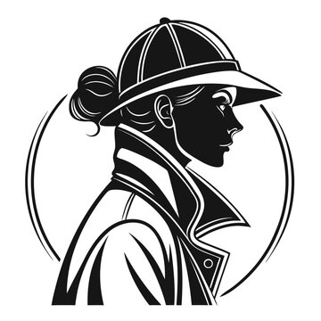 Vector illustration silhouette of a female detective wearing a deerstalker hat and trench coat