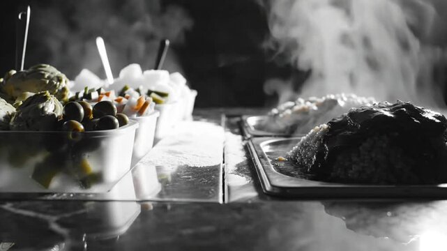 Black and white food display with steaming rice and fresh appetizers ready to serve