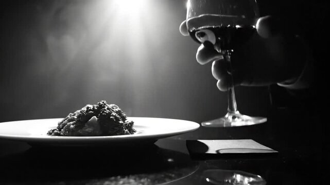 Black and white shot of a glass of red wine being held with food on a plate in a dimly lit setting.
