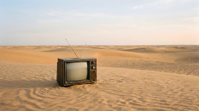 Vintage Television In Desert Landscape A Retro Appliance Set Against Rolling Sand Dunes And A Pale Sky old cathode ray