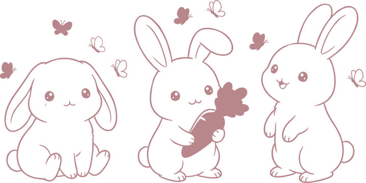 Vector illustration of cute cartoon rabbits with carrot and butterflies representing playful, animal, and nature themes