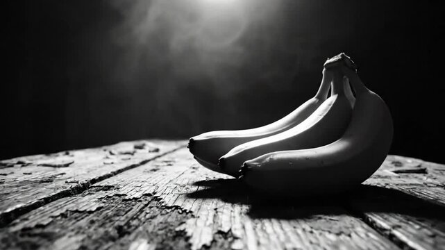 Dramatic monochrome shot of ripe bananas on weathered wooden table with soft lighting and smoke