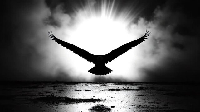 Epic silhouette of an eagle soaring with open wings in the sky, symbolizing freedom, power, and determination.