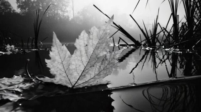 Black and white video of a still pond with fallen leaves, reeds, and a misty forest in the background on a peaceful day