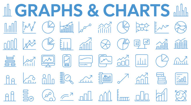 Graphs and Charts Icon Line Design Blue Featuring Business Data Visualization Diagram Statistic Pie Chart Elements for Finance Analytics and Reporting Interface