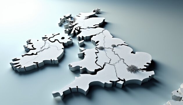 Three dimensional map of Great Britain and Ireland. White landmasses rise from flat blue surface. Gray lines show borders and transport networks. Spiky icons mark specific locations on map.