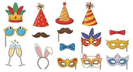 Naklejka premium Set of colorful party props including festive hats, carnival masks, mustaches, bow ties, and champagne glasses for celebrations.