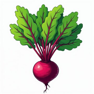 Beetroot with green leafy tops and red root vegetable on white background. Food illustration. Healthy root crop for cooking. Organic garden vegetable.