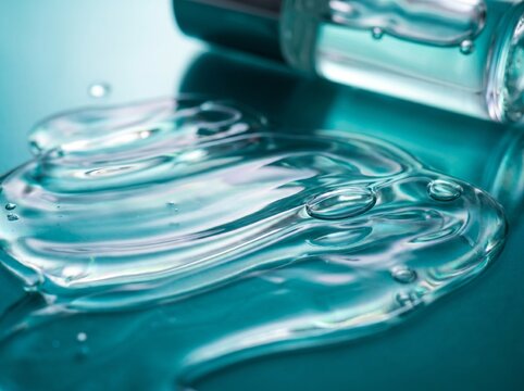 Closeup of clear gel or serum spilled on blue surface with dropper