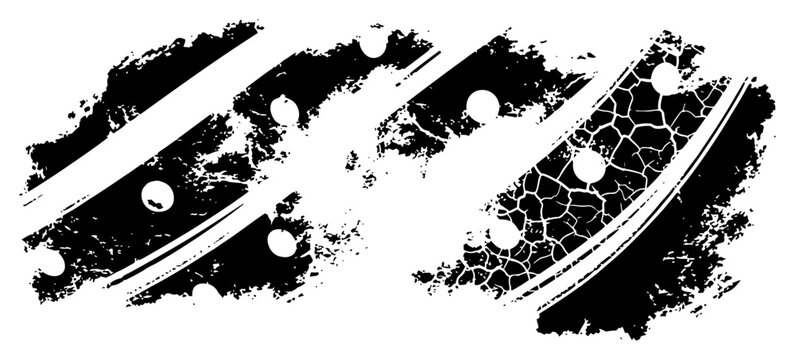 Tire tracks with mud splashes and cracked earth texture in grunge style