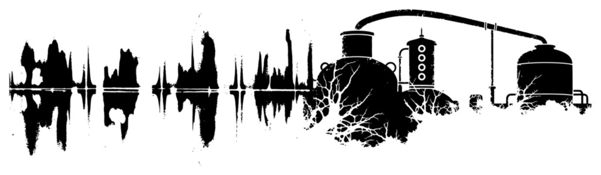 Industrial refinery silhouettes and factory tanks with grunge waveform texture