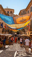 Fototapeta premium Tejidos coloridos crean una cubierta festiva sobre una calle tradicional.