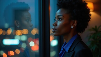 Fototapeta premium Black woman in business attire looks out large window at city lights at night. Her reflection is visible. She appears thoughtful or pensive.