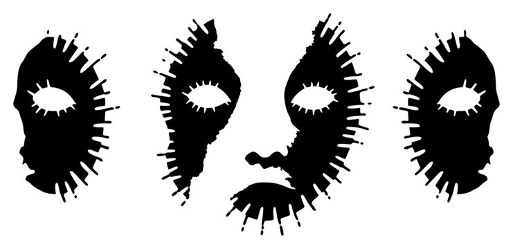 Spiked tribal masks and creepy horror faces with glitchy gothic style