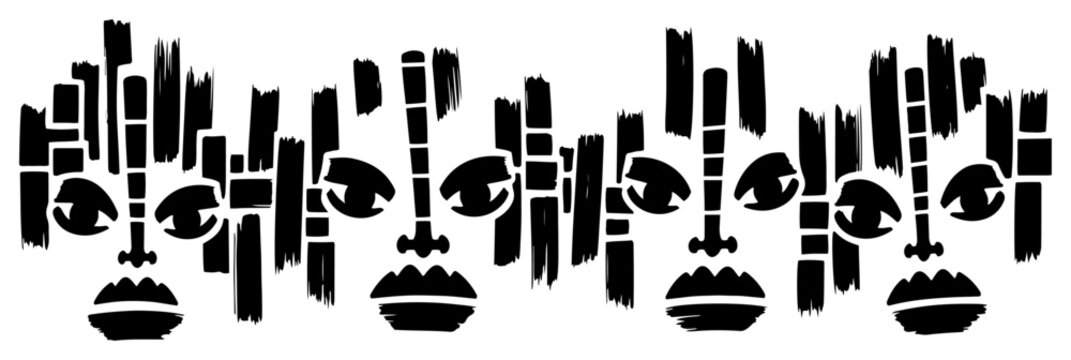Stylized ethnic faces and geometric tribal masks with blocky brush style