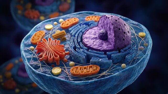 Cellular organism, detailed biological structure showing nucleus, mitochondrion, endoplasmic reticulum, golgi apparatus, ribosome, cytoplasm, membrane, essential component of life, scientific concept.
