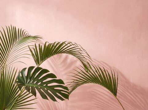 Tropical green palm leaves on a soft pink background with shadows