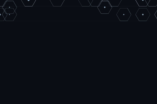 Abstract dark background features a pattern of interconnected hexagons with small glowing dots, creating a subtle technological or scientific visual effect.