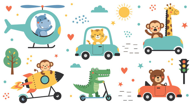 Cute cartoon animals traveling in various colorful vehicles including a helicopter, car, rocket, and scooter on a white background.