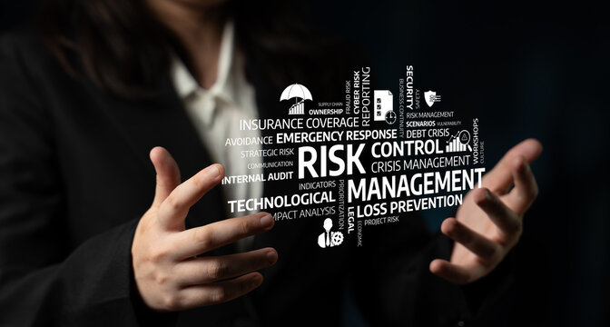 A business professional demonstrates key concepts of risk management, including technology and control, with visual elements representing strategy and prevention in a dark setting. Tessel