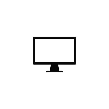 Simple black silhouette of a standard computer monitor screen with a base stand, isolated on a white background, flat