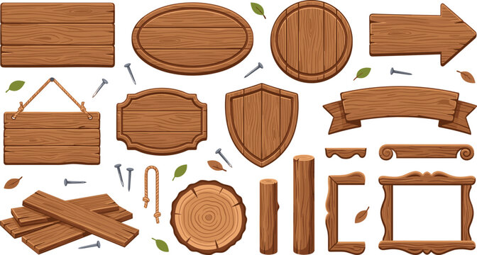 Blank Wooden Sign and Banner Vector Element Set with Timber Planks, Arrow, Shield, Oval, Picture Frame, Wood Log Cut, and Metal Nails for Design Mockups