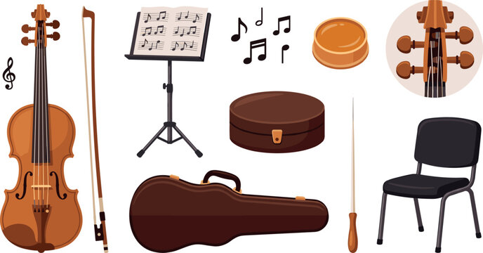 Classical Violin and Orchestra Music Vector Element Set with Bow, Stand, Sheet Music, Notes, Hard Case, Rosin, Conductor Baton, and Chair Designs
