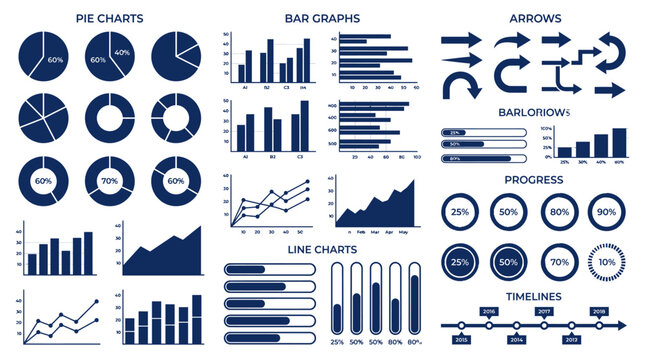 Blue business infographic element set with pie chart bar graph and data vector