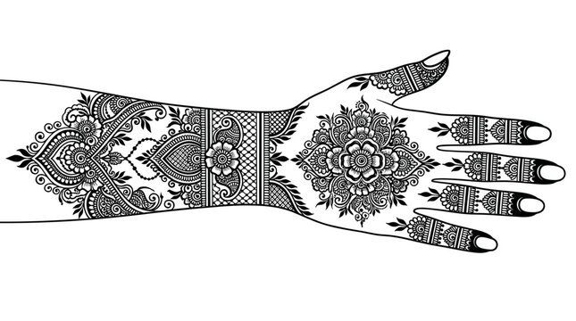 Traditional Pakistani Indian Mehndi Henna Hand Intricate Black Pattern Vector Art Illustration