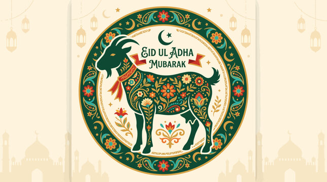 Eid ul Adha Mubarak Decorated Goat Floral Mandala Green Gold Vector Illustration Festival