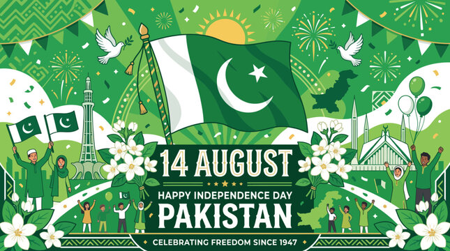 Pakistan Independence Day 14 August Green Flag Patriotic Celebration Vector Poster Jasmine
