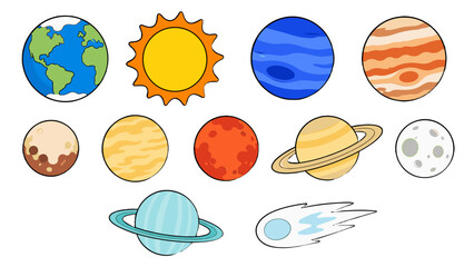 Cartoon solar system planets and sun icon set © icon_art
